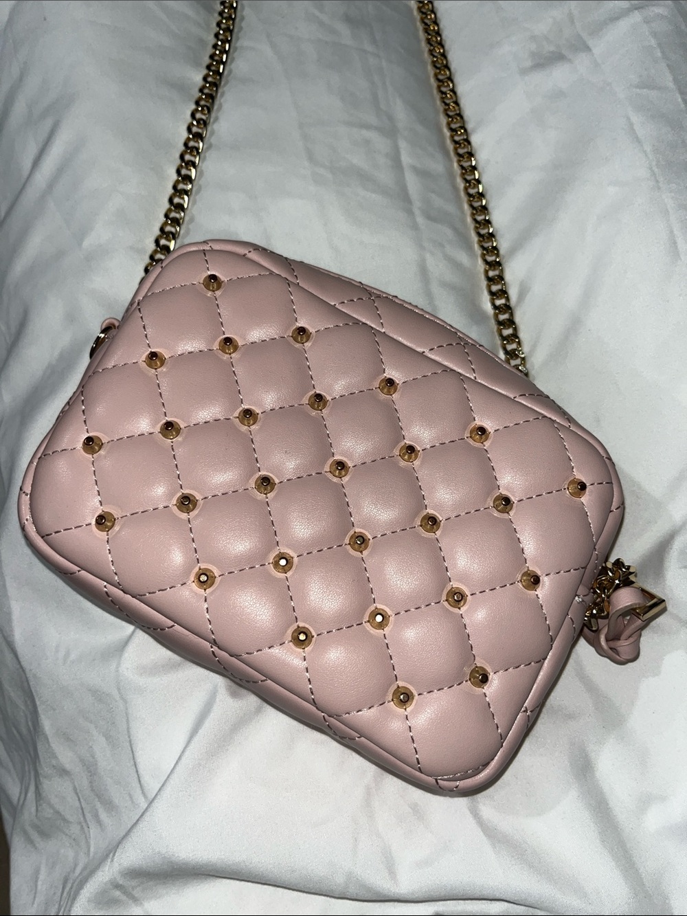 Rebecca Minkoff Quilted Pale Pink Crossbody with Gold Studs